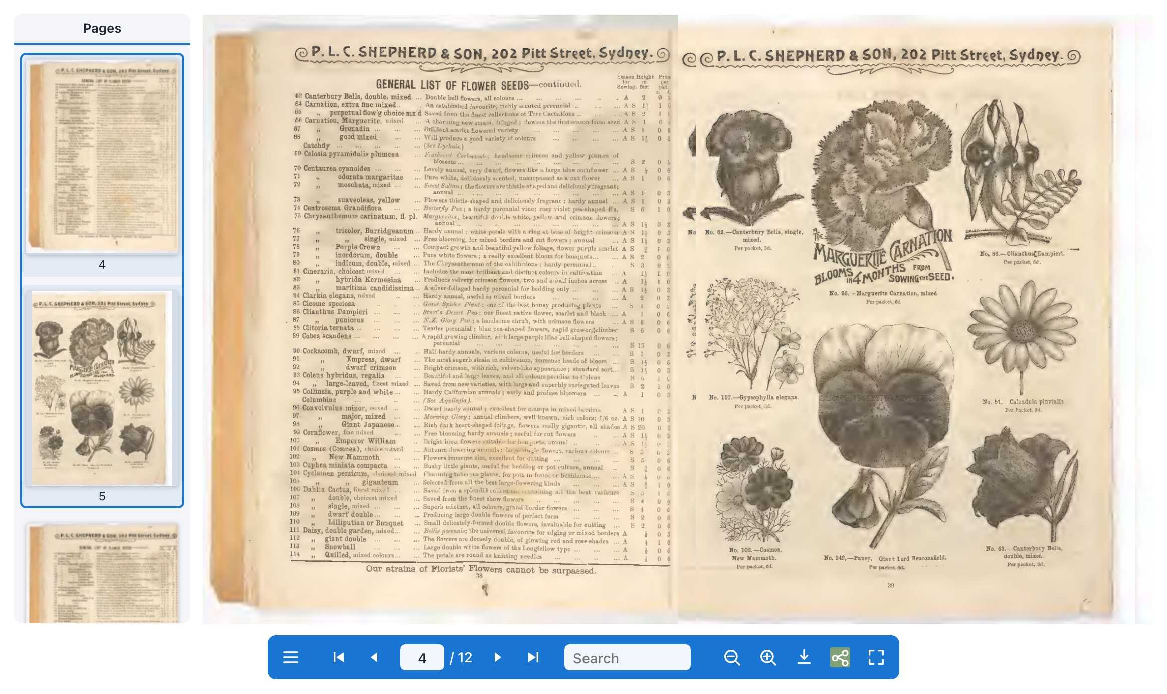 The viewer: a two-page spread of a 1900 seed catalogue, the thumbnails panel open beside it and the toolbar below